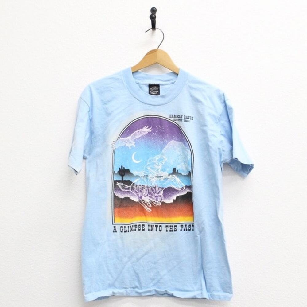 Vintage 80s Hamman Ranch Houston YMCA Cowboy Blue T Shirt Mens Large